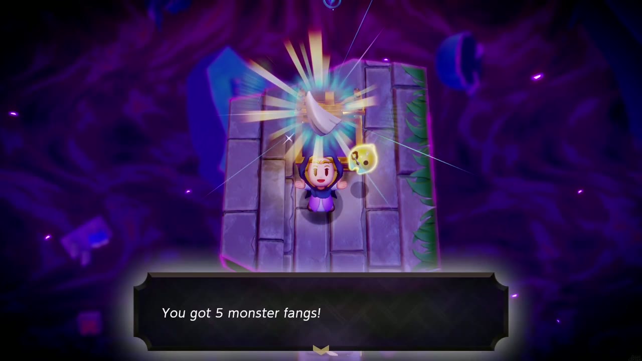 Hyrule Castle: Still Missing - The Legend of Zelda: Echoes of Wisdom Walkthrough 30 On a pillar near the toppled tower, Zelda opens a chest: "You got 5 monster fangs!"