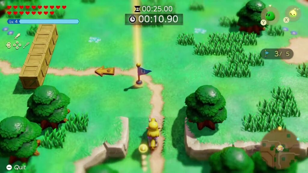 Zelda reitet durch Hyrule Feld auf der mittleren Strecke des Flaggenlaufs, die Zeitmessung läuft.