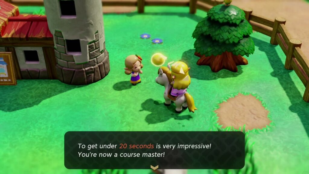 Das Ranchmädchen sagt, dass Zelda mit einer Zeit unter 20 Sekunden eine Meisterin des Mittelkurses ist.