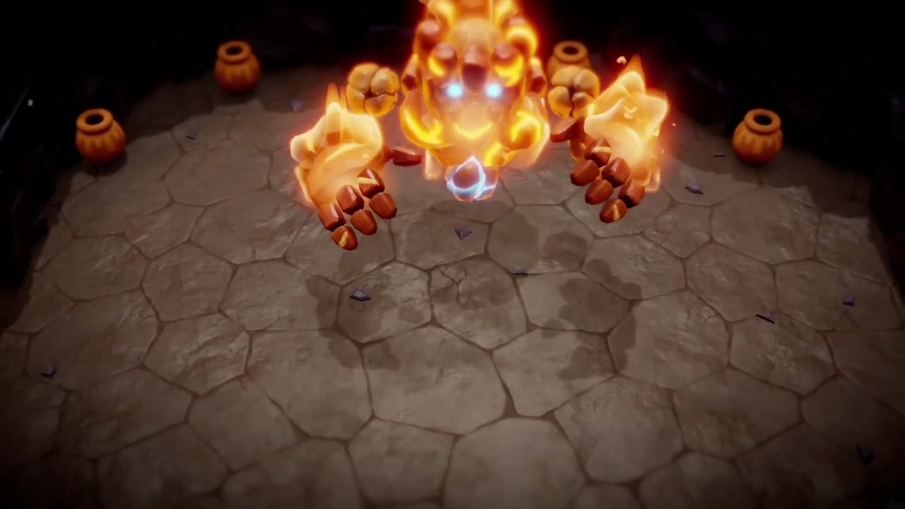 A Mountainous Mystery - The Legend of Zelda: Echoes of Wisdom Walkthrough 27 The flame giant rises with its two floating rock fists in the boss chamber.