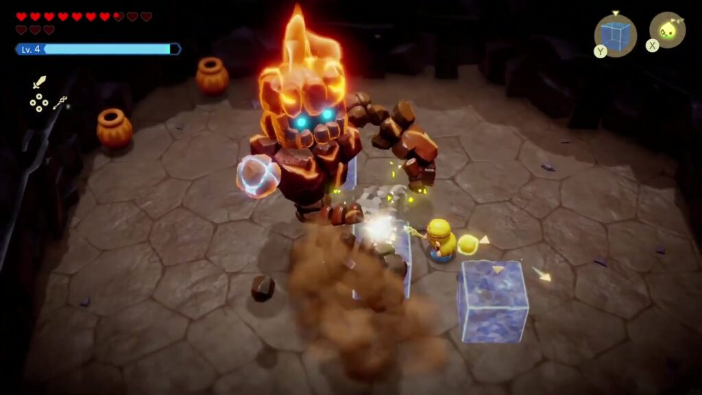 The Rift on Eldin Volcano - The Legend of Zelda: Echoes of Wisdom Walkthrough 84 The flame giant mini-boss is hit by a Water Block, dousing its flames and exposing its glowing core.