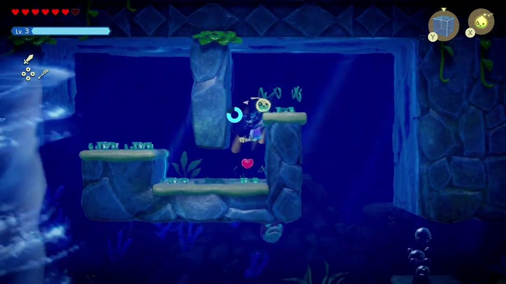 Zelda flees right through the lower gap under the stone ledges with the whirlpool close behind.