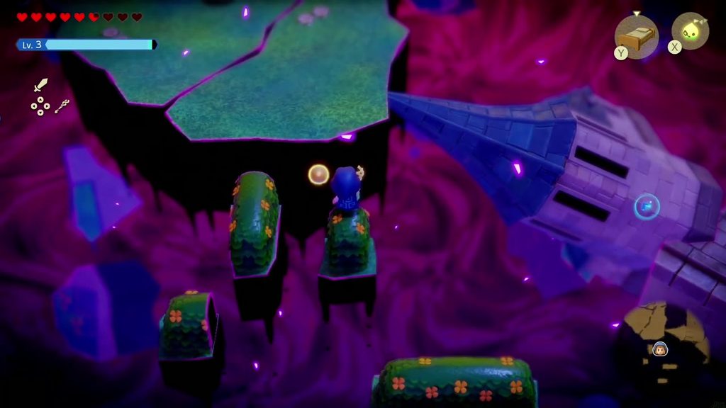 Hyrule Castle: Still Missing - The Legend of Zelda: Echoes of Wisdom Walkthrough 21 Floating shrub platforms drift over the void beyond the tower in the stilled town.