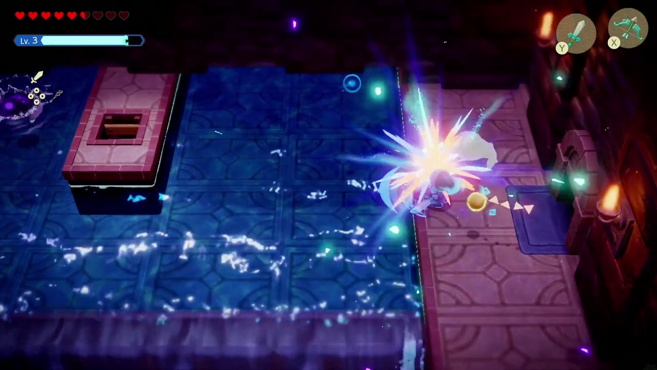 Hyrule Castle: Still Missing - The Legend of Zelda: Echoes of Wisdom Walkthrough 85 Zelda fights enemies in the flooded west room of Stilled Hyrule Castle B2, beside the raised block with a hatch.