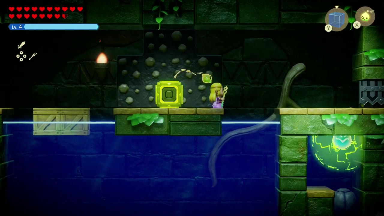In the flooded side-view room Zelda guides a Spark to the yellow block above the waterline. In the flooded side-view room Zelda guides a Spark to the yellow block above the waterline.