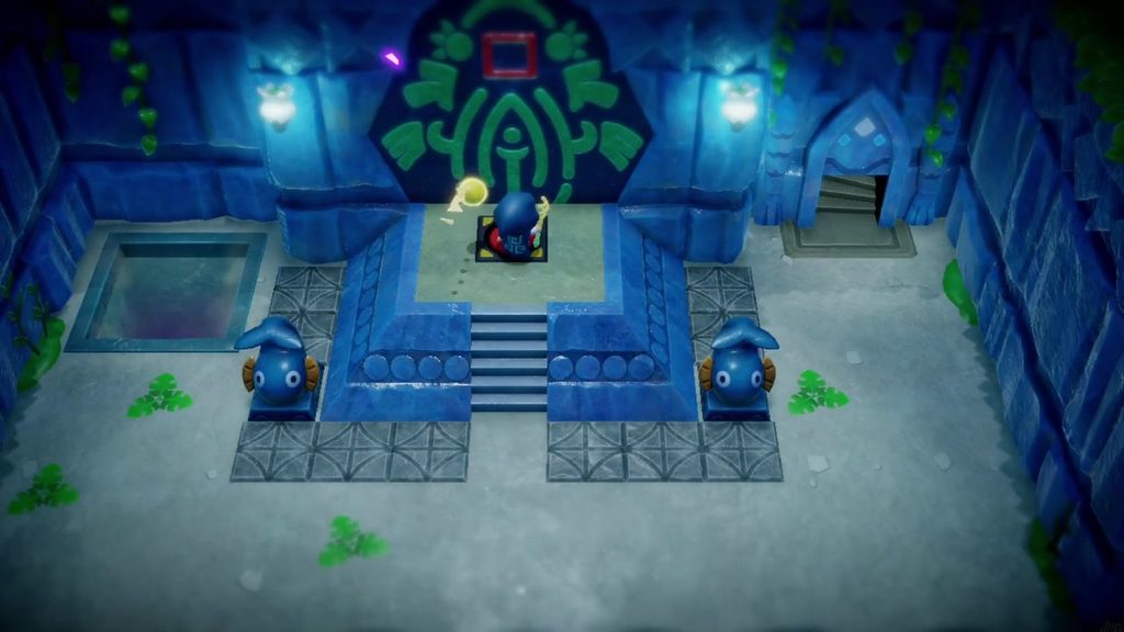 The glass floor panel left of the dais has opened into a hole Zelda can drop through.