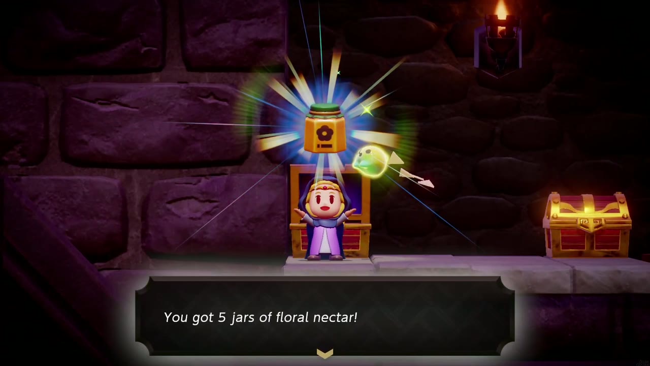 Hyrule Castle: Still Missing - The Legend of Zelda: Echoes of Wisdom Walkthrough 64 Zelda holds up 5 jars of Floral Nectar from the left chest on the lower two-chest ledge in Hyrule Castle B2.