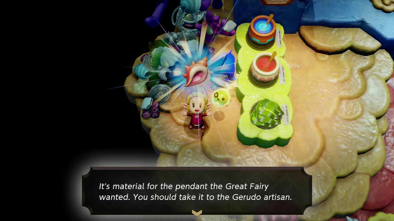 Zelda holds up the floral seashell in Sea Zora Village. Zelda holds up the floral seashell in Sea Zora Village.