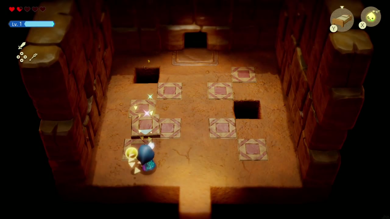 Floor tiles have flown up and shattered, leaving holes, as Zelda dodges in the dark tile room. Floor tiles have flown up and shattered, leaving holes, as Zelda dodges in the dark tile room.