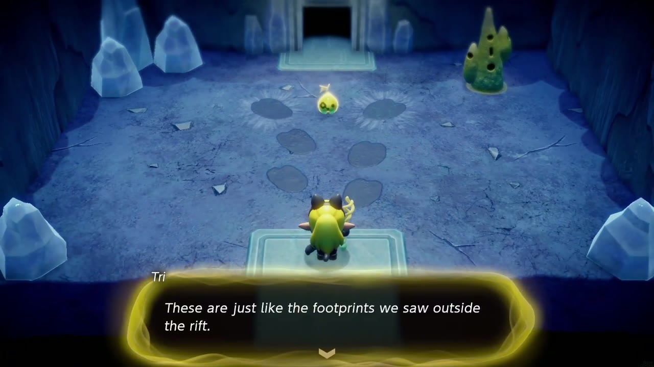 Lanayru Temple Dungeon - The Legend of Zelda: Echoes of Wisdom Walkthrough 2 Zelda in the temple's footprint room as Tri notes they match the tracks seen outside the rift.