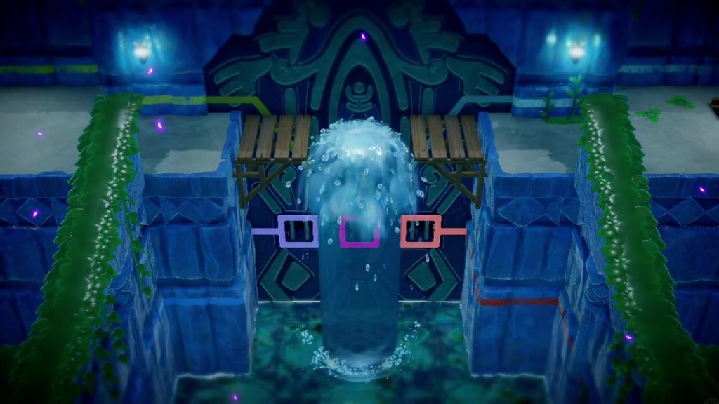 Cutscene: water gushes up through the gate under the colored-lock door in the central hall.
