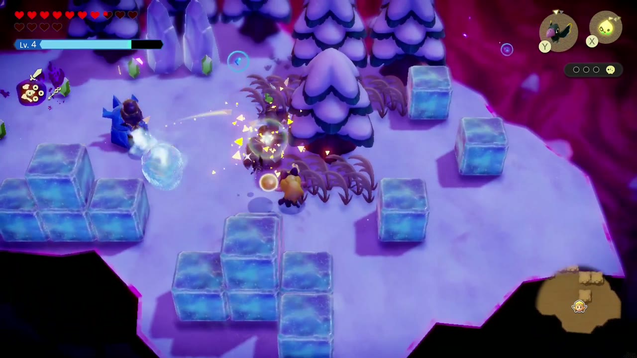 Ein Freezard speit Eis über die Insel, während Zelda Krähen abwehrt. Ein Freezard speit Eis über die Insel, während Zelda Krähen abwehrt.