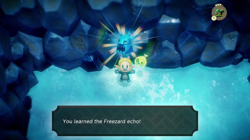 Hebra Mountain: A Rift on Holy Mount Lanayru - The Legend of Zelda: Echoes of Wisdom Walkthrough 65 Zelda learns the Freezard echo in the turquoise ice room, "You learned the Freezard echo!" on screen.