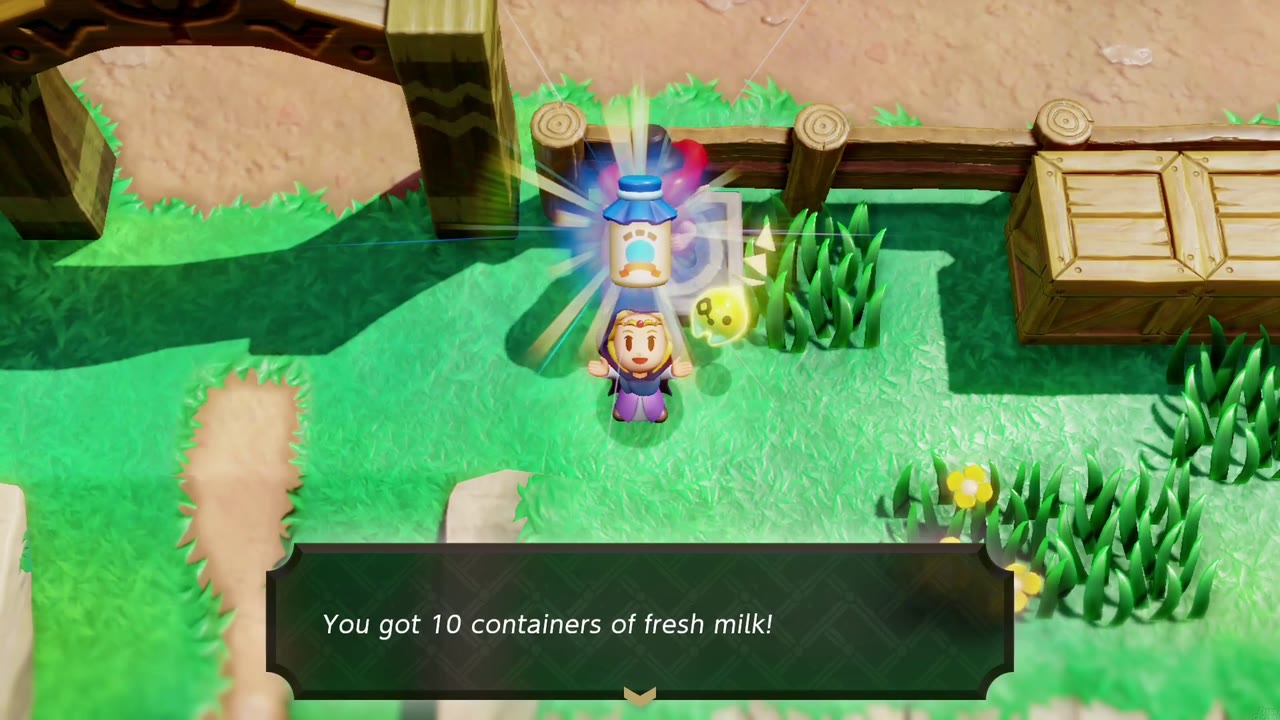 Hyrule Castle: Still Missing - The Legend of Zelda: Echoes of Wisdom Walkthrough 145 Zelda holds up 10 containers of fresh milk, the Stamp Guy reward for her first full stamp card at the ranch stand.