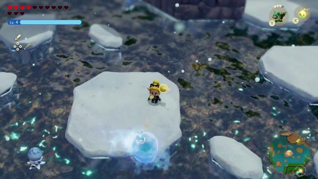Hebra Mountain: A Rift on Holy Mount Lanayru - The Legend of Zelda: Echoes of Wisdom Walkthrough 101 Zelda crosses the floes of Hebra Mountain's frozen lake while Ice Octos lurk in the icy water.