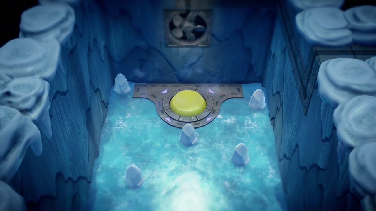 Lanayru Temple Dungeon - The Legend of Zelda: Echoes of Wisdom Walkthrough 70 The blue beam freezes the giant-switch room, but ice spikes still stud the floor.