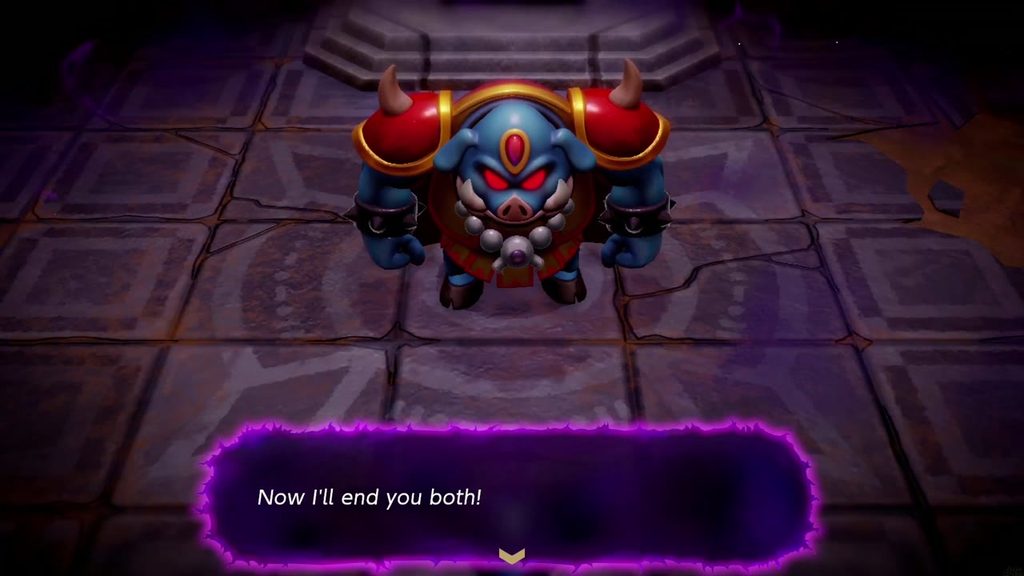 Ganon looms over the throne room at the top of Suthorn Ruins, declaring "Now I'll end you both!"