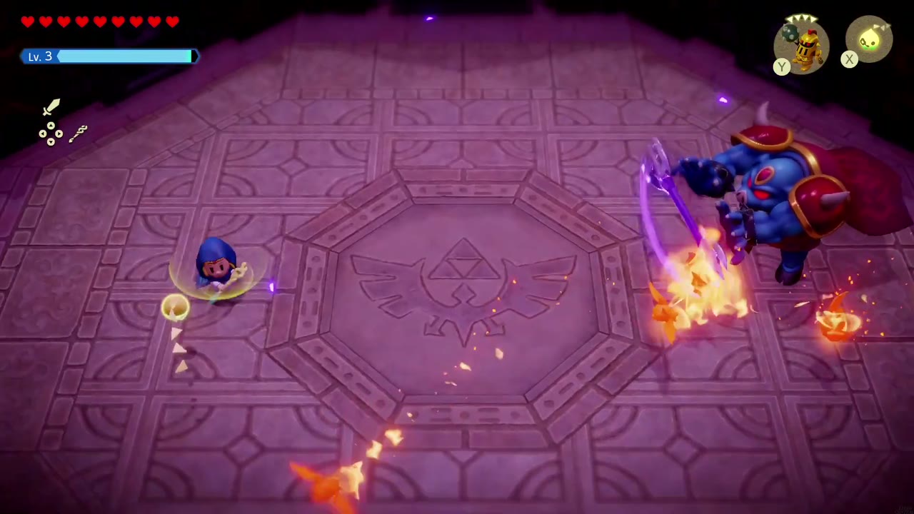 Hyrule Castle: Still Missing - The Legend of Zelda: Echoes of Wisdom Walkthrough 118 Ganon slashes his trident to send a trail of fire racing across the floor toward Zelda.