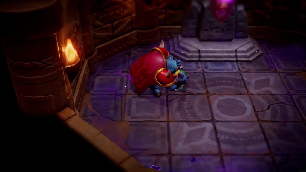 Ganon lunges across the room behind his trident as Link dodges aside to slash him