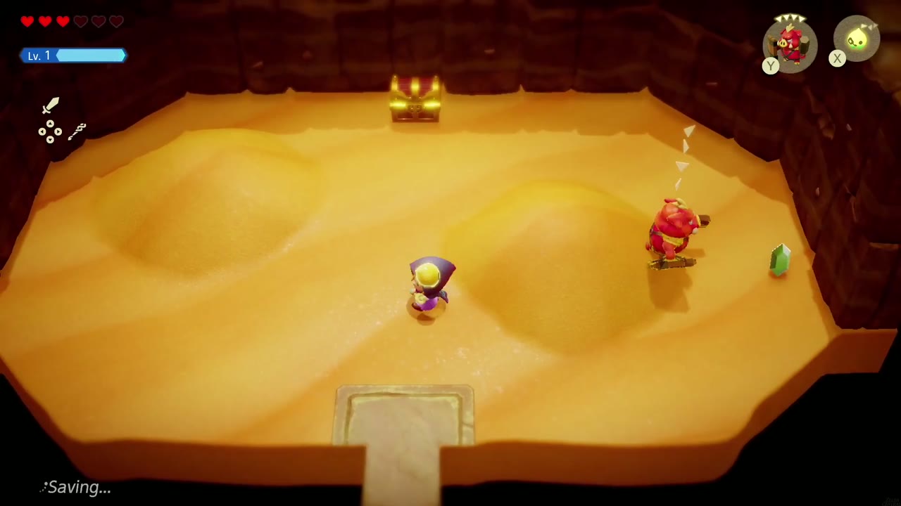 A sandy cave arena in the Gerudo Desert with a treasure chest along the back wall A sandy cave arena in the Gerudo Desert with a treasure chest along the back wall