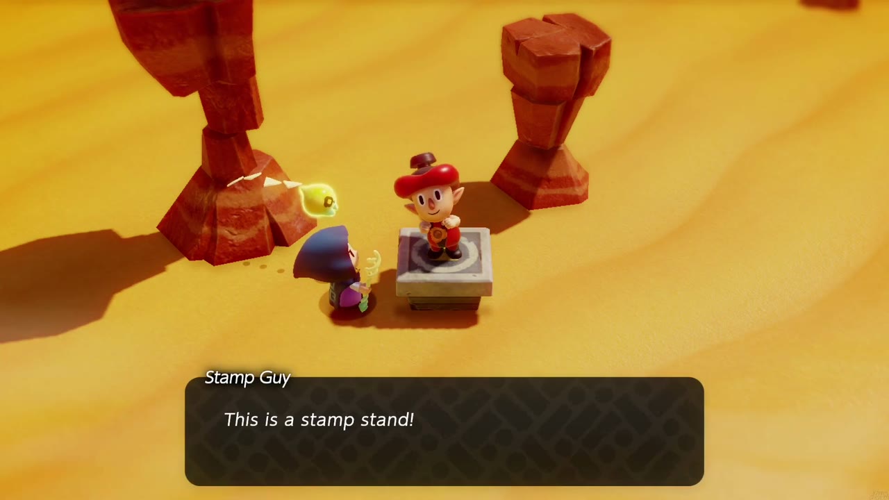 A Rift in the Gerudo Desert - The Legend of Zelda: Echoes of Wisdom Walkthrough 115 Stamp Guy at a Gerudo Desert stamp stand between red rock spires, telling Zelda "This is a stamp stand!"