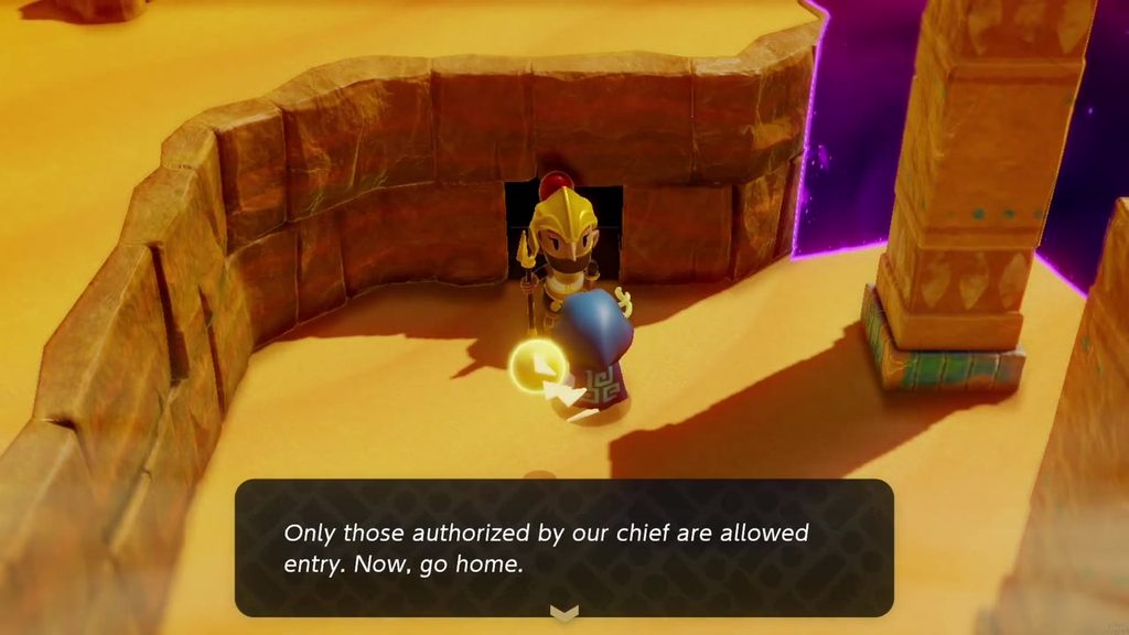 A Rift in the Gerudo Desert - The Legend of Zelda: Echoes of Wisdom Walkthrough 14 A Gerudo guard in the ruined wall's doorway refuses Zelda entry without the chief's authority.