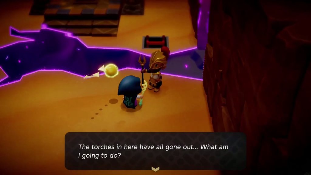 A Rift in the Gerudo Desert - The Legend of Zelda: Echoes of Wisdom Walkthrough 43 A Gerudo warrior inside the Ancestor's Cave of Rest says the torches have all gone out.