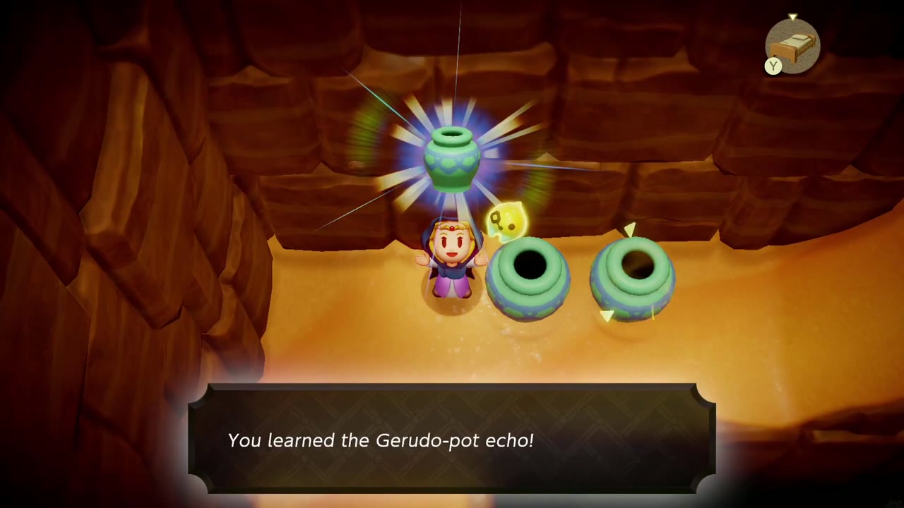 Zelda aprende o Gerudo Vasos ecoam ao lado de uma fileira de vasos verdes em um Gerudo caverna de areia do deserto Zelda aprende o Gerudo Vasos ecoam ao lado de uma fileira de vasos verdes em um Gerudo caverna de areia do deserto