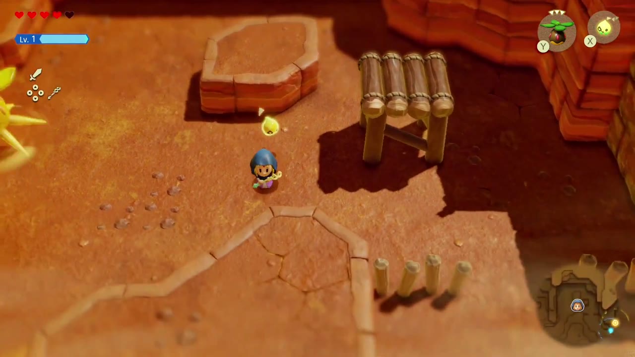 Zelda in the red-rock canyon of Gerudo Desert, with log platforms and wooden stakes around her Zelda in the red-rock canyon of Gerudo Desert, with log platforms and wooden stakes around her