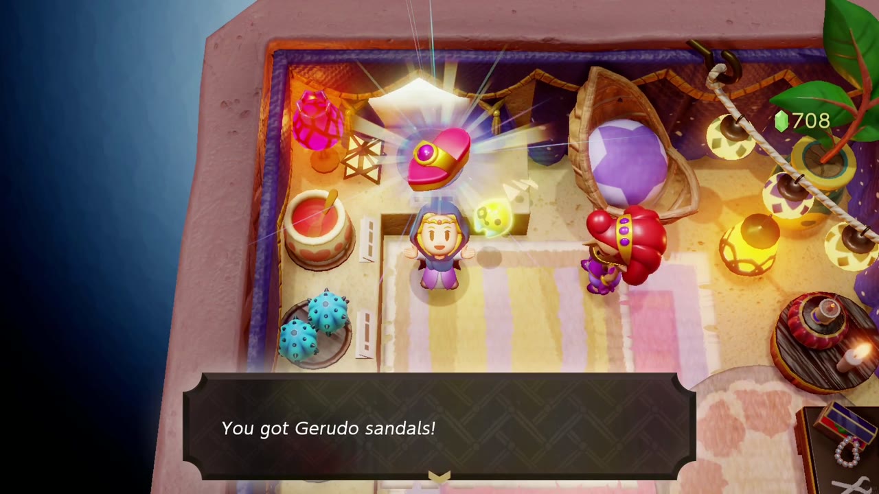 Zelda holds up the red Gerudo Sandals in the Gerudo Town shop Zelda holds up the red Gerudo Sandals in the Gerudo Town shop