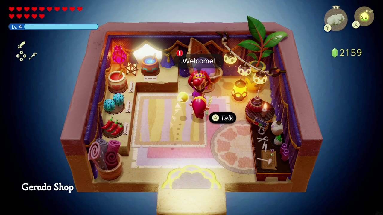 Zelda walks into the Gerudo Shop in Gerudo Town as the title card appears. Zelda walks into the Gerudo Shop in Gerudo Town as the title card appears.