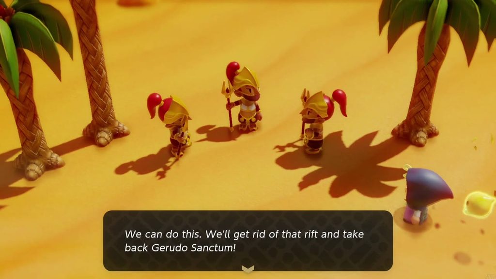 A Rift in the Gerudo Desert - The Legend of Zelda: Echoes of Wisdom Walkthrough 2 Three Gerudo soldiers by the palms vow to get rid of the rift and take back Gerudo Sanctum.