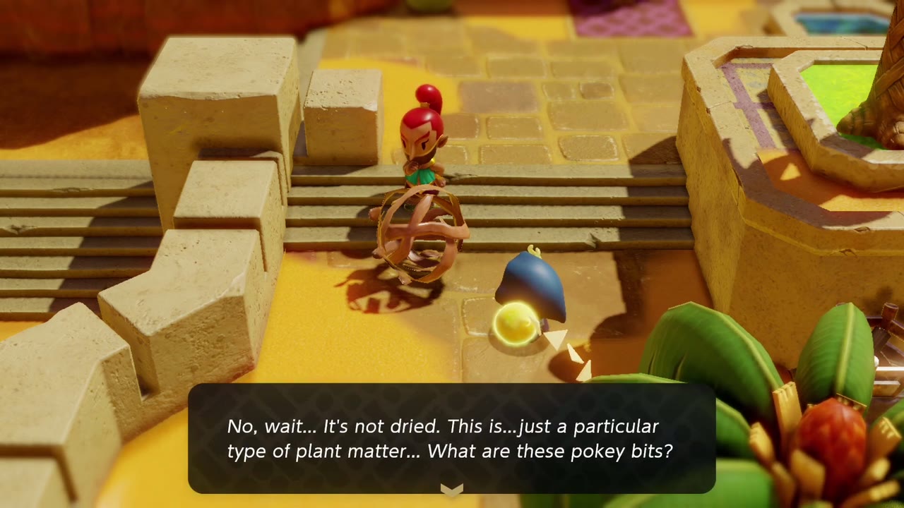 Elusive Tumbleweeds - The Legend of Zelda: Echoes of Wisdom Walkthrough 11 The Gerudo examines the tumbleweed and wonders about its pokey bits.