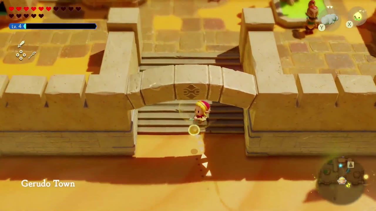 Zelda climbs the stairs into Gerudo Town under the area name banner Zelda climbs the stairs into Gerudo Town under the area name banner