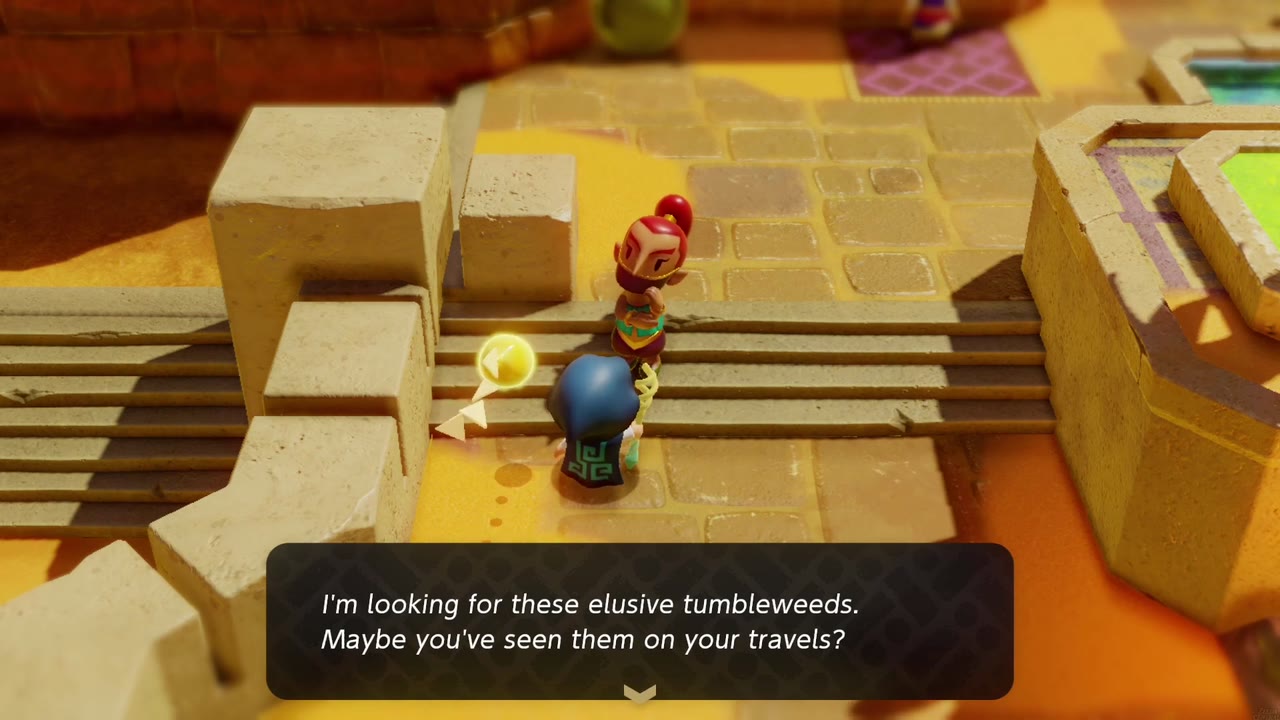On Gerudo Town's stairs a Gerudo asks Zelda to find one of the elusive tumbleweeds. On Gerudo Town's stairs a Gerudo asks Zelda to find one of the elusive tumbleweeds.