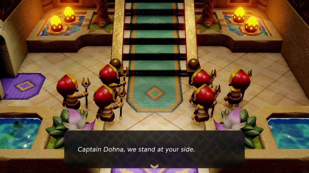 A Rift in the Gerudo Desert - The Legend of Zelda: Echoes of Wisdom Walkthrough 60 Gerudo warriors gather on the palace stairs and declare they stand at Captain Dohna's side.