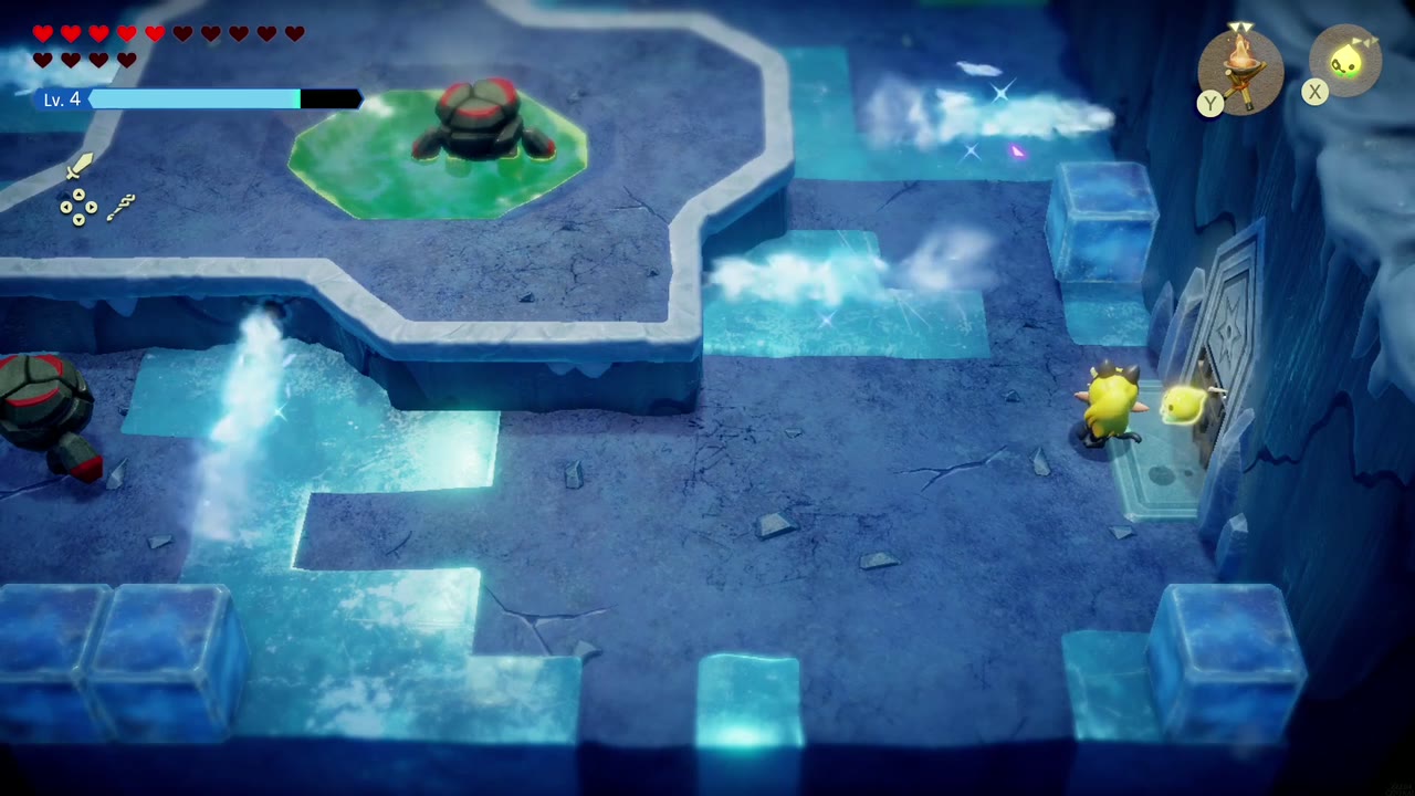 Lanayru Temple Dungeon - The Legend of Zelda: Echoes of Wisdom Walkthrough 33 Zelda enters the geyser room with green slime pools, where bomb-throwing enemies wait.