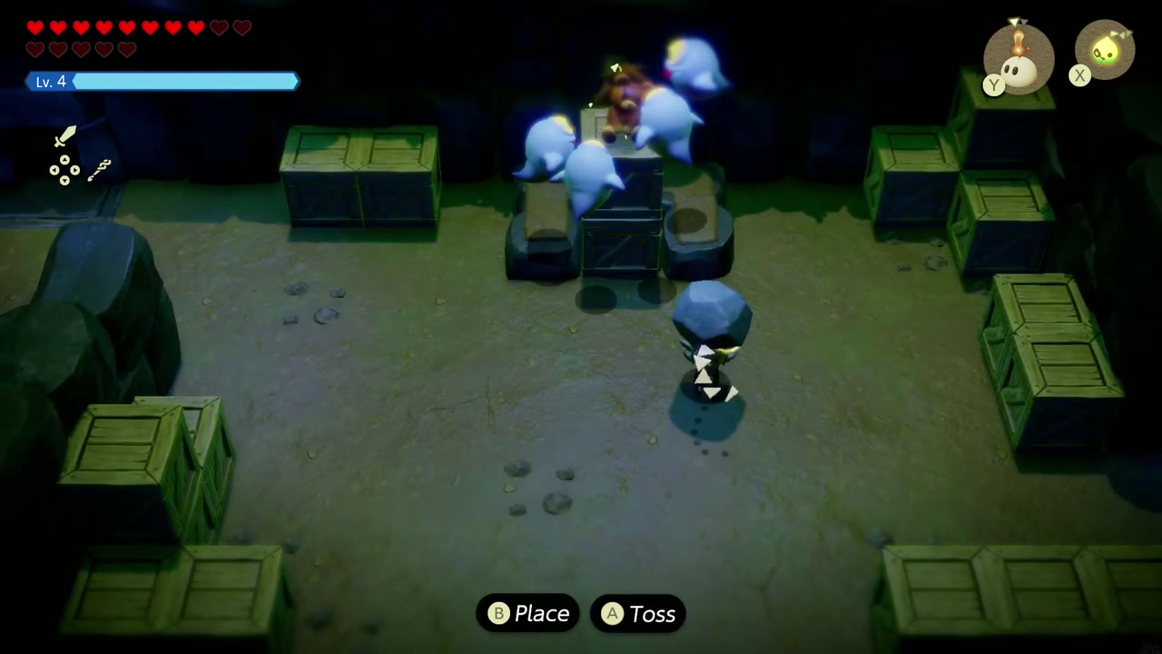 Fantasmas se aglomeram em torno de um brinquedo de pelúcia sobre um pedestal na caverna escura sob um Hyrule lápide de campo Fantasmas se aglomeram em torno de um brinquedo de pelúcia sobre um pedestal na caverna escura sob um Hyrule lápide de campo