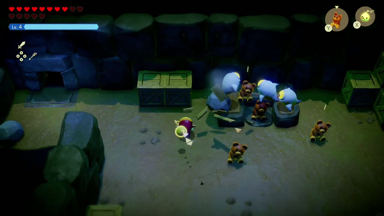 Zelda invoca ecos de brinquedos de pelúcia e os fantasmas da caverna os atacam em massa. Zelda invoca ecos de brinquedos de pelúcia e os fantasmas da caverna os atacam em massa.