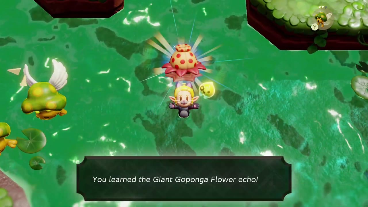 Zelda aprende o eco da Flor Gigante Goponga enquanto nada em um lago Faron Wetlands Zelda aprende o eco da Flor Gigante Goponga enquanto nada em um lago Faron Wetlands