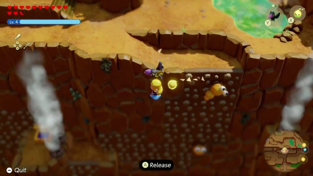 The Rift on Eldin Volcano - The Legend of Zelda: Echoes of Wisdom Walkthrough 97 Zelda glides with a Crow echo over steam vents on the Glide Path course along the cliffs.