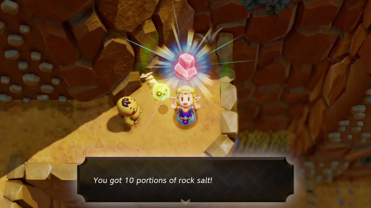 Zelda holds up the 10 Rock Salt she gets for finishing Glide Path. Zelda holds up the 10 Rock Salt she gets for finishing Glide Path.