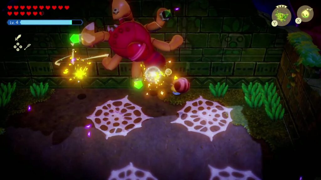 Faron Temple Dungeon - The Legend of Zelda: Echoes of Wisdom Walkthrough 82 Gohma climbs back onto the wall over spider webs while Zelda's echoes keep hitting the crystals on her legs.