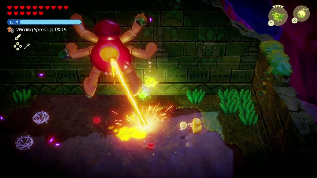 Faron Temple Dungeon - The Legend of Zelda: Echoes of Wisdom Walkthrough 80 Gohma clings to the Faron Temple boss wall with green crystals on her legs and sweeps her eye laser at Zelda.