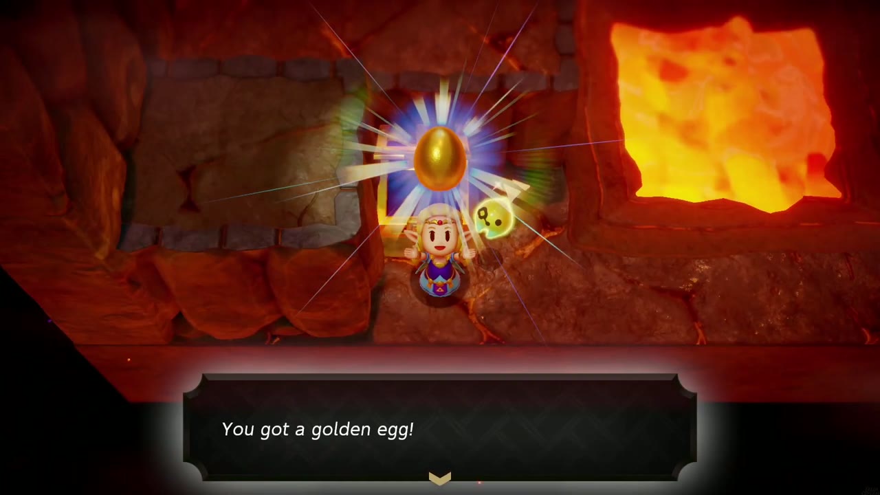 Eldin Temple Dungeon - The Legend of Zelda: Echoes of Wisdom Walkthrough 17 Zelda holds up a Golden Egg with "You got a golden egg!" from the chest in the lava room's corner.