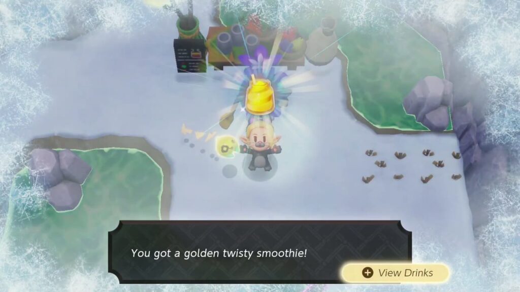 Hebra Mountain: A Rift on Holy Mount Lanayru - The Legend of Zelda: Echoes of Wisdom Walkthrough 24 Zelda holds up a golden twisty smoothie made at the Business Scrub's Hebra smoothie stand.