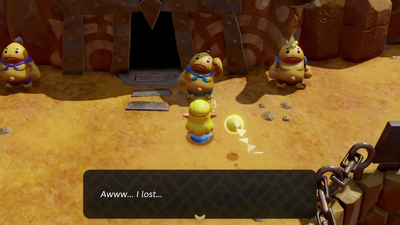 Ready? Set? Goron! - The Legend of Zelda: Echoes of Wisdom Walkthrough 14 Back at the start line the Goron sighs that he lost.