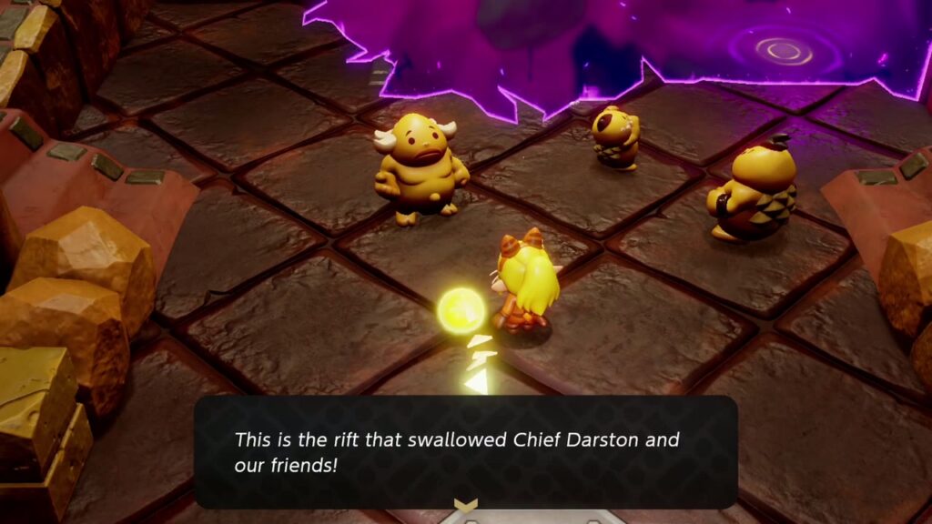 The Rift on Eldin Volcano - The Legend of Zelda: Echoes of Wisdom Walkthrough 29 Worried Gorons stand before the rift that swallowed Chief Darston in Goron City's main hall.