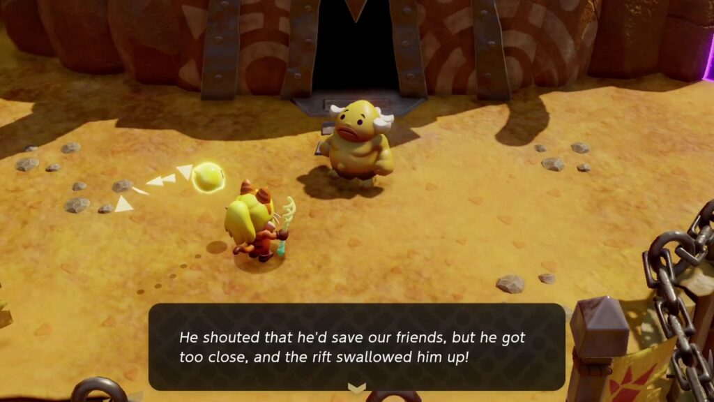 The Rift on Eldin Volcano - The Legend of Zelda: Echoes of Wisdom Walkthrough 28 A Goron at the Goron City gate explains that Chief Darston was swallowed by the rift.