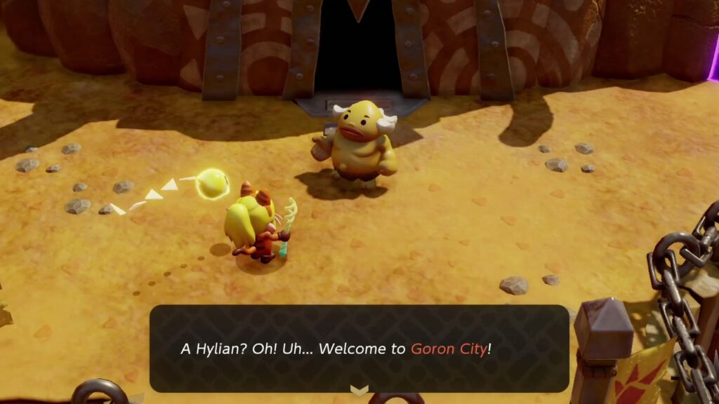The Rift on Eldin Volcano - The Legend of Zelda: Echoes of Wisdom Walkthrough 24 A Goron greets Zelda at the gate to Goron City at the top of the Eldin Volcano stairs.